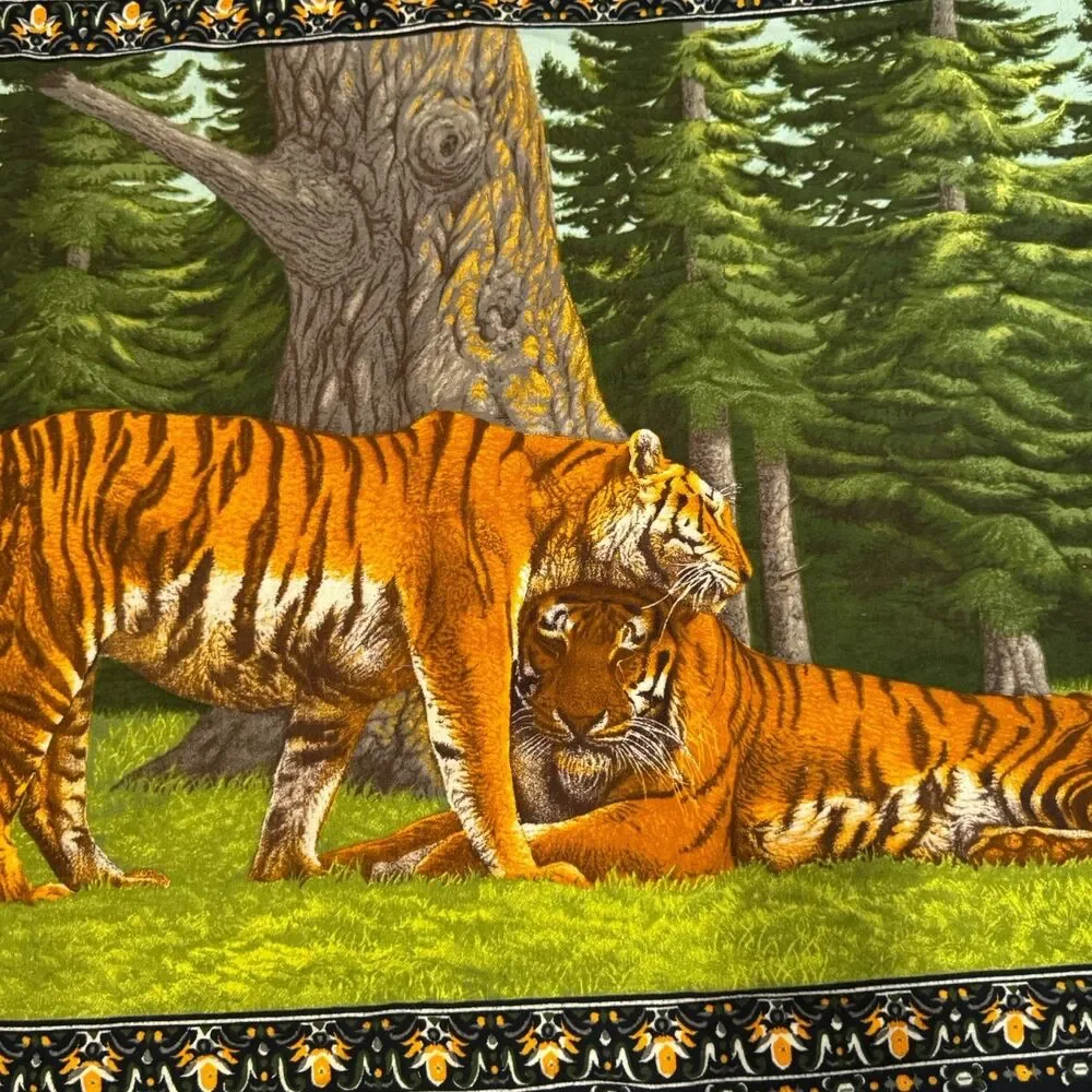 Vintage MCM ATC Tiger Family Wall Tapestry 100% Cotton 53x36.5